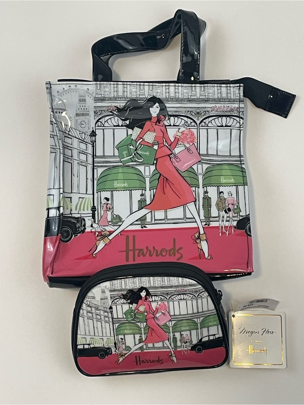 Harrods London Vinyl Shopper Tote Bag with Matching Pouch